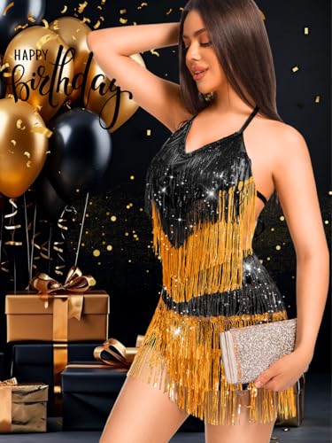 Image of Kaei&Shi Sequin Fringe Romper,Sparkly Glitter Metallic Jumpsuits For Women,Backless Shorts Dress Disco Birthday Dance Outfit