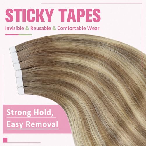 Image of YoungSee Human Hair Tape in Extensions 24 Inch, Hair Extensions Tape in Brown Balayage, Tape Extension Human Hair, Light Brown Ombre Platinum Blonde, Long Hair, for Wedding, 50g 20pcs