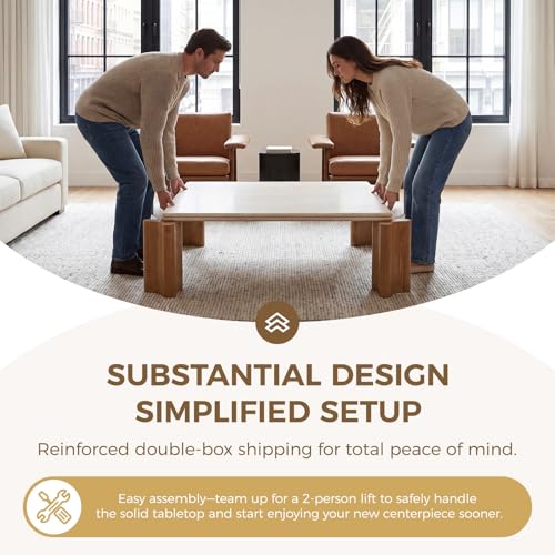 Image of Hyfirm Large Faux Travertine Coffee Table, 47 inch with Curved Wood Legs