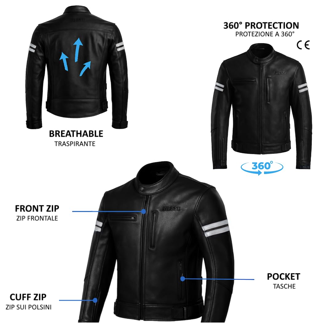 BI ESSE - Chaqueta de cuero para moto, estilo vintage, con protecciones, chaqueta certificada