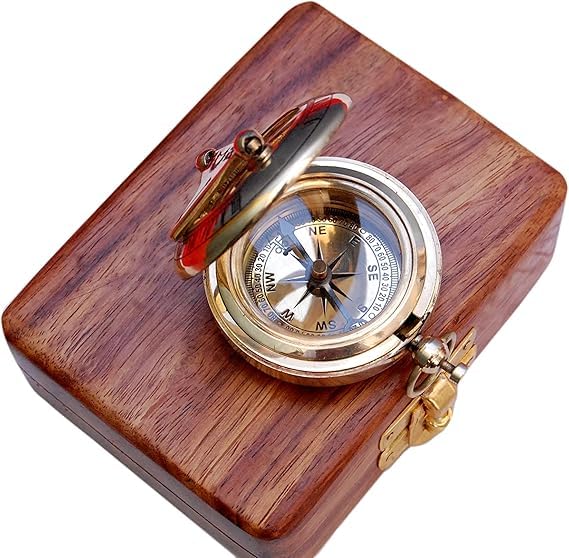 Brújula náutica de latón con caja de madera – Reloj de sol y brújula estilo antiguo, regalo vintage para navegación marítima, camping y senderismo miniatura 2
