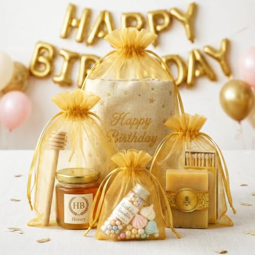 Image of FUNFERY 100PCS Gold Organza Gift Bags 4x6in,Drawstring Pouch for Jewelry