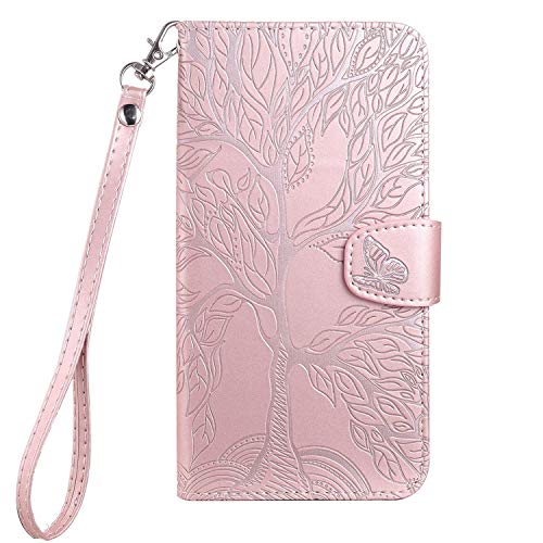 Aisenth iPhone XR Flip Case, The Tree of Life Embossed PU Leather Wallet Phone Folio Case Magnetic shockproof Protective Cover with Stand function, Card Slots + 1 pcs Wrist Strap (Pink)