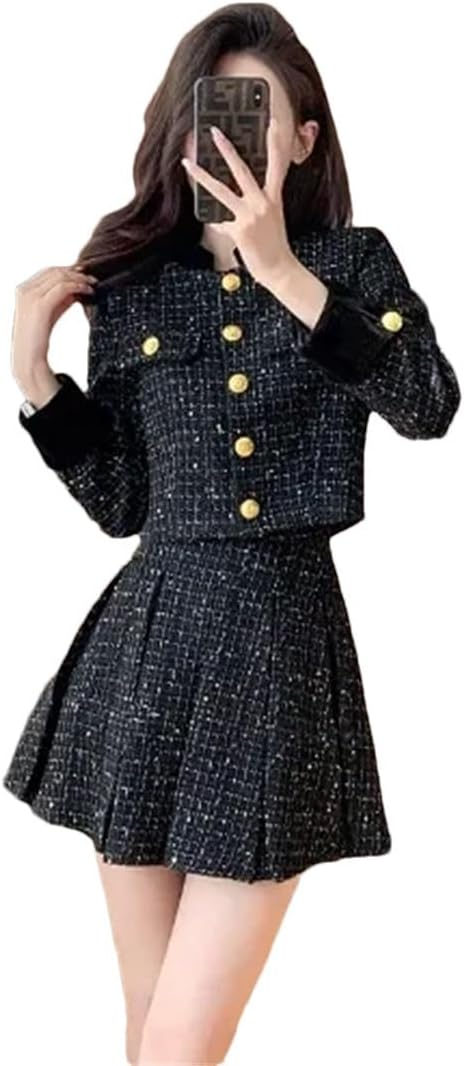 Women's Winter Elegant Suit Jacket Casual Office Coat Top Short High Waist Pleated Skirt 1231