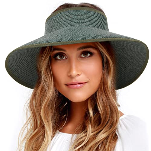 FURTALK Sun Visor Hats for Women Wide Brim Straw Ponytail Summer Beach Hat UV UPF Packable Foldable Travel Dark Green