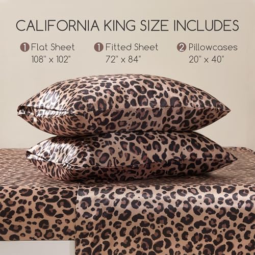 Image of MR&HM Satin Bed Sheets with Elastic Corner Straps, California King Size Sheets Set, 4 Pcs Silky Bedding Set with 15 Inches Deep Pocket for Mattress (California King, Brown Leopard)