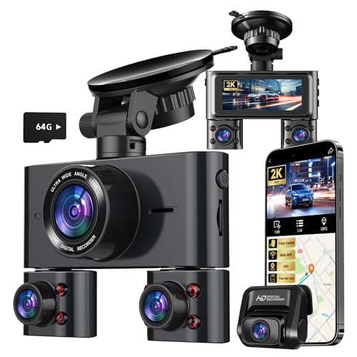 Dash Cam 360°, 4 Channel Camera for Cars Front and Rear Inside, 2K FHD Mini Dashcam, 5G WiFi, GPS, with 64G Card, Voice Control, WDR, HDR, Night Vision, 24/7 Parking Mode(Upgraded Version V7
