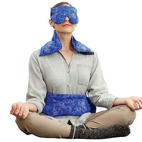 Image of Hot Pockets Natural Full Treatment Set for Hot & Cold Therapy - Reusable Microwaveable Heating Pads & Lavender Eye Mask for Relaxation - Blue Flower