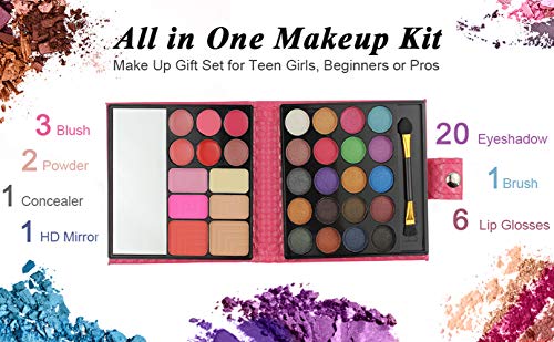 All In One Makeup Kit, Eyeshadow Palette Lip Glosses Blusher Concealer Powder Brush Mirror,Professional Makeup Kit Set For Women Girls Teens Or Beginner,32 Color (1Pc) Red #TOP6