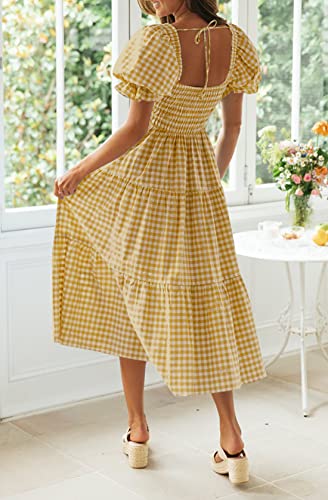 Image of ZESICA Women's 2026 Boho Summer Dresses Gingham Puff Sleeve Square Neck Flowy Beach Midi Dress