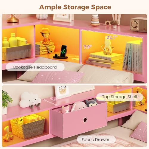 Image of Hasuit Twin XL Corner Bed Frame with Storage Drawers and Bookcase Headboard, Twin xl Size Metal Platform Bed Frame for Girls with Charging Station and LED Lights, Twin XL Daybed for Kids Bedroom, Pink