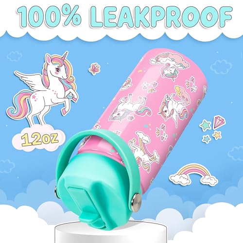Image of SANDJEST Unicorn Water Bottle - Kids Water Bottle with Straw Lid - 12 Oz Insulated Stainless Steel Water Bottles for Kid Girls - Travel Cup for School Sports