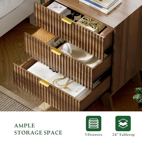Image of Xixini Fluted Nightstand with Charging Station, Tall Bedside Table, Walnut