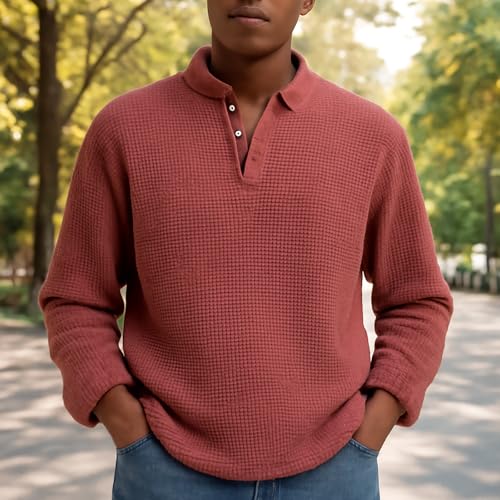 Mokaloha Men's Simple Solid Color Waffle Lapel Long Sleeve Polo Shirt Knit Sweater Collared Shirts2