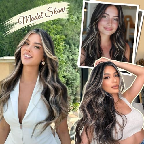 Vigorous Clip in Hair Extensions 20 Inch Black Mix Blonde Long Hair Extensions Clip Ins 4PCS Soft Synthetic Hairpieces for Women - Thumbnail 6