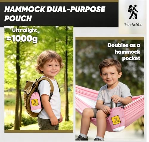 Image of Small Camping Hammock with Mosquito Net, 450 lbs Portable Hammock with Tree Straps, 2-in-1 Double /Single Travel Hammocks, Hammock for Outside /Indoor /Backpacking /Beach - Pink & White
