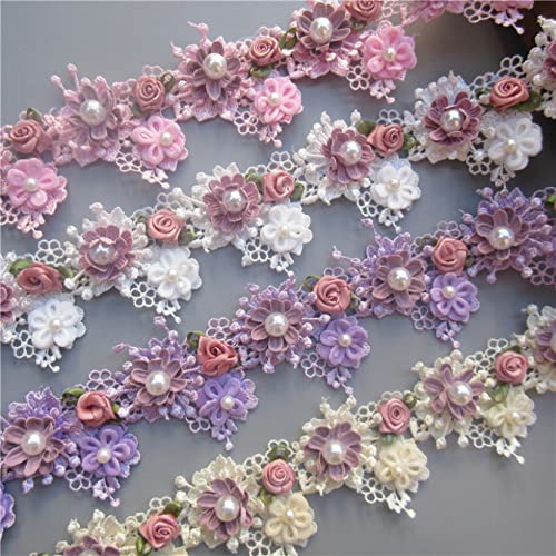 1 Yard Rose Flower Pearl Embroidered Lace Trim Ribbon Fabric Sewing Applique Supplies Craft For Costume Dress Hat Decor #TOP3