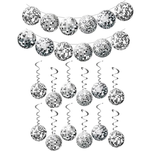 Image of 36 Pcs Set Disco Ball Decorations, Disco Party Decor 70s Disco Ball Hanging Swirls Disco Party Hanging Streamer Silver Ceiling Decor for Christmas Tree Wedding Dance Music Stage
