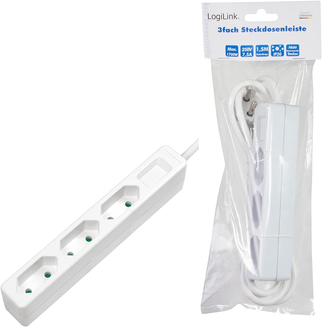 LogiLink LPS229 3-Way Power Strip (European Plug) CEE 7/16, with Child Safety, White