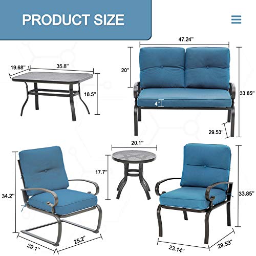 Oakmont 7Pcs Outdoor Metal Furniture Sets Patio Conversation Set Loveseat, 2 Single Chairs with Side Table, 2 Spring Chairs with Coffee Table, Wrought Iron Look (Peacock Blue)