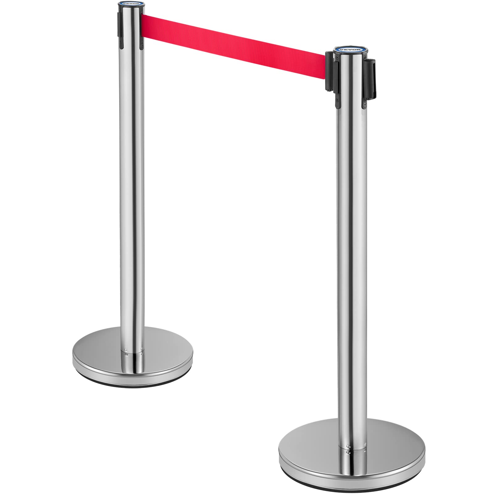 VEVOR Poteau de Guidage, 6 Pcs Poteaux d'Argent de Séparation avec 2 m Ceinture Rouge Rétractable, Balisage Stable en Acier Inoxydable, Barrière de Passage pour Aéroport Banque Séparer des Foules