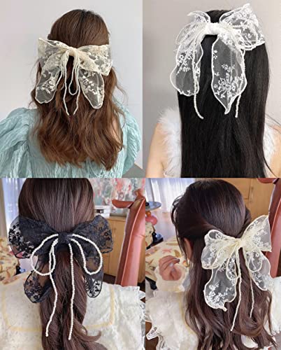 Sovenny 3 Pieces Lace Bow Pearl Chain Hair Clips Flower Embroidery Non Slip Hair Bow Barrettes For Women And Girls (White, Beige, Black) #TOP6
