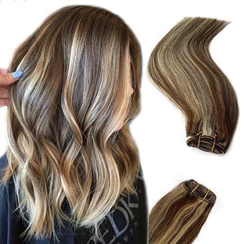 Hair Extensions Sew in Hair Weft,Chocolate Brown with Blonde Highlights Extensions Human Hair Weft Sew in for Women,Human Hair Balayage Bundles 16 Inch 100 Gram Double Weft Human Hair Weave Extensions