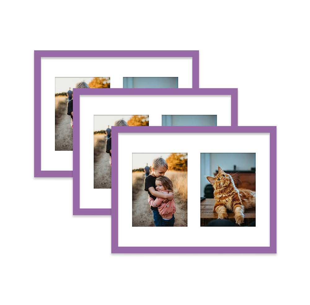 Purple Multi Photo Frame - Holds 2 x 8x6 Pictures, Family Collage Picture Frame for Wall Display, 16x12 Frame size, Set of 3