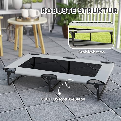PawHut Hundeliege Outdoor, Erhöhtes Hundebett für große Hunde, klappbar Haustierliege mit Mesh Stahlrahmen Füßen, Haustierbett für Draußen Camping, 107x61x20 cm, Hellgrau