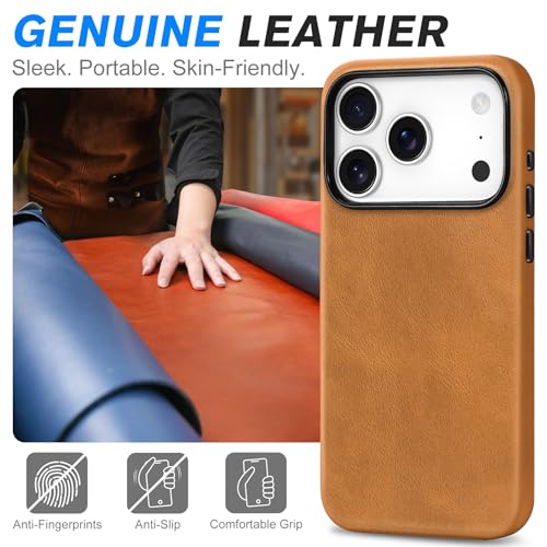 Image of SHIELDON Genuine Leather Case for iPhone 17 Pro 6.3 inch, Retro Light Brown | for MagSafe, Magnetic Wireless Charging, Camera Button, Metal Buttons, Camera Bezel, Non-Slip, Shockproof, Anti-Scratch, Slim