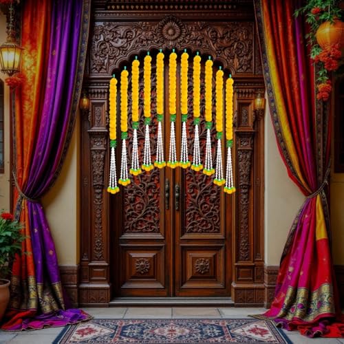 Image of iHandikart Artificial Marigold & Tuberose Garland 45 Inch - Pack of 20 | Decorative Door Toran for Festivals, Weddings & Home Entrance Decor | Long-Lasting Reusable Flower Garland (33103-20)