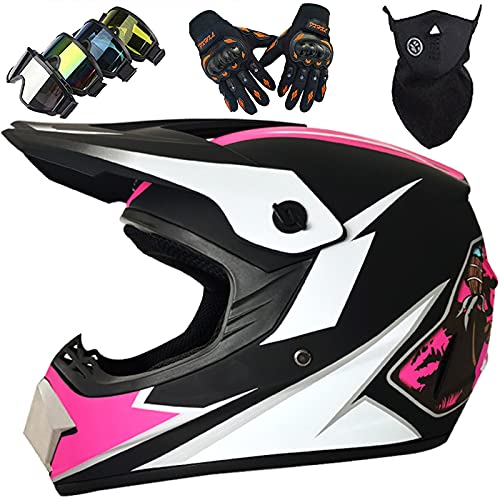 KILCVEM Casco Motocross Infantil, Casco Moto Niño y Adultos Set con Gafas Guantes Máscara, Mujer y Hombre Cascos Cross Integral para MTB Enduro Descenso - Homologado Dot/ECE,Black Pink-S