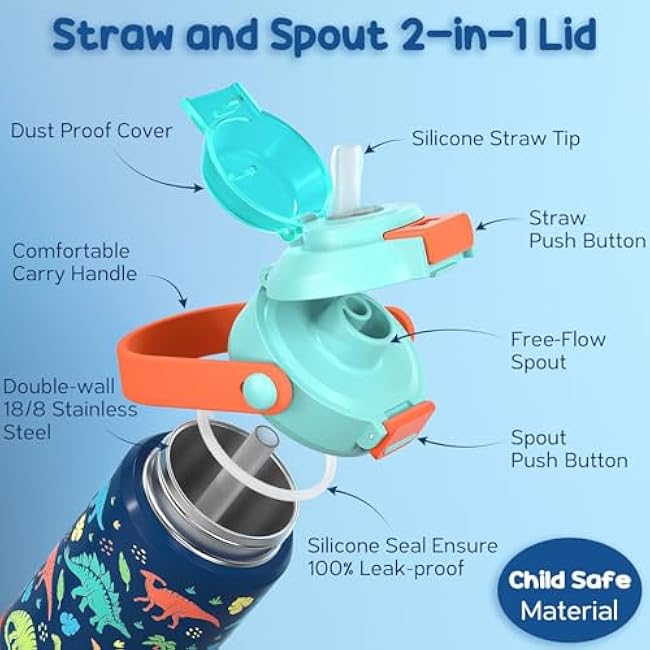 Kids Insulated Water Bottle with Pop-Open Straw & Spout 2-in-1 Lid, 18oz Leak Proof 18/8 Stainless Steel Vacuum Tumbler, BPA-Free Kids Cup For Travel School Boys Girls Toddler, Dinosaur & Monster Car
