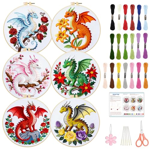 Image of BEUNITONE 6 Set Embroidery Kits for Beginners with Dragon Pre-Print Pattern | 7.9x7.9 inch DIY Craft Kits for Adults Include Embroidery Hoops and Instructions, Needlepoint Kits for Craft Lover and Home Decor