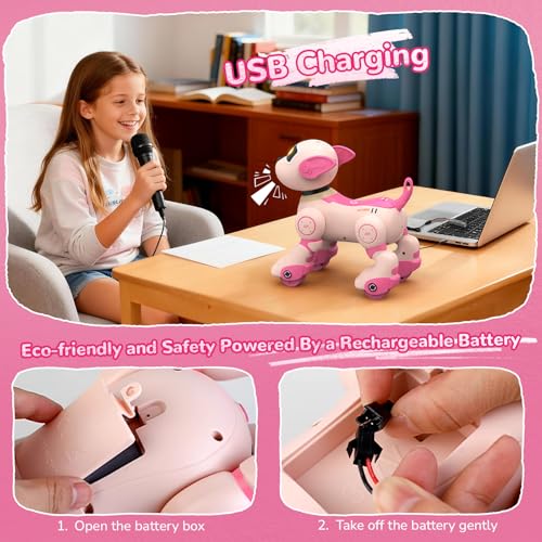 anysun Remote Control Robot Dog Toy for Kids, Programmable Smart Puppy Intelligent Learning Dancing Walking RC Robot Toys for Girls and Boys (Pink) — view 6
