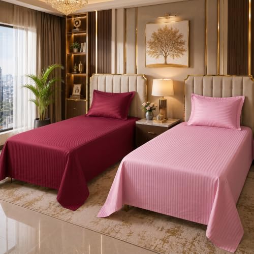 Image of Mafatlal 210 TC Italian Stripe Single Bedsheet Set with Pillow Cover (60 x 90 Inches) | 100% Cotton | Hotel Collection | Soft Breathable Flat Bed Sheet | Deep Maroon N Pink
