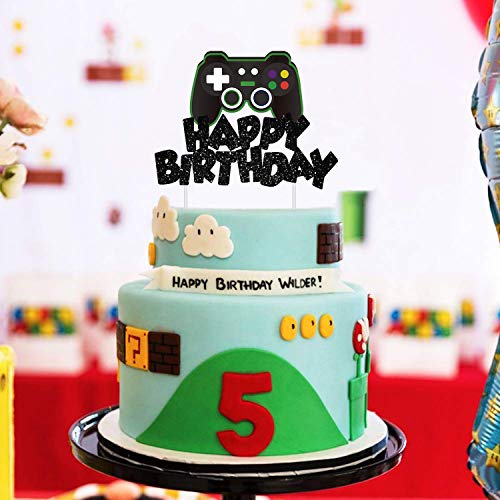 Video Game Cake Topper Glitter Game Controller Happy Birthday Cake Topper Cake Decorations Picks For Kids Gaming Themed Birthday Party Supplies #TOP5