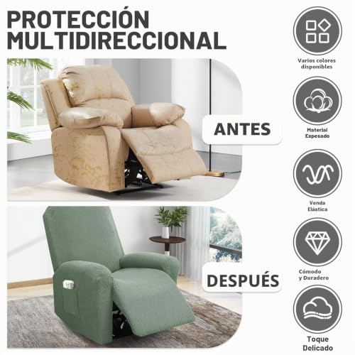 Miniatura 4 de Boyifeijie Funda Sillon Relax Reclinable 1 Plaza, Funda Sofa Relax Con Bolsillos, Fundas Elástica De Jacquard A Rayas Diseño Todo Incluido Para Sillón Reclinable Verde Pino, 4-Piezas