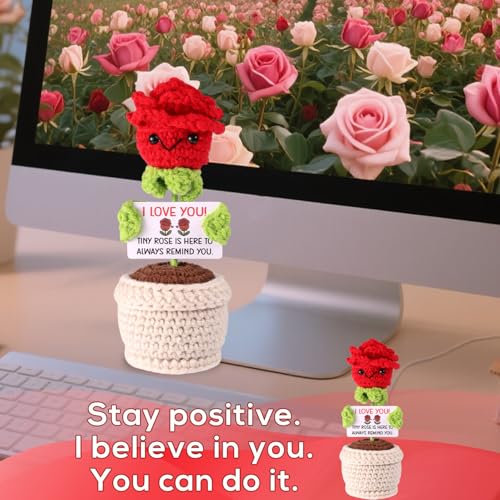 Pozytywna Róża, Wysokość 13cm Szydełkowane Czerwone Róże w Doniczkach z Kartką z Motywacją Kwiaty Wsparcia Emocjonalnego Lalka do Robienia na Drutach na Prezent dla Pary Rękodzieło Dekoracja