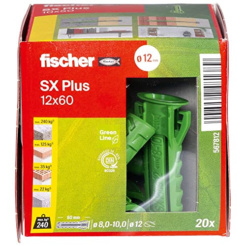Fischer Tasselli Di Espansione Sx Plus Green 12 X 60, Scatola Con 20 Tasselli Sostenibili, Tasselli Multiuso Realizzati Con Materie Prime Rinnovabili, Tenuta Ottimale In Calcestruzzo, Mattoni Pieni, - 2