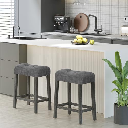 Image of Giantex 24 inch Bar Stools Set of 4, Backless Counter Height Saddle Bar Stools w /Padded Seat, Solid Rubber Wood Legs, Farmhouse Linen Fabric Upholstered Barstools for Kitchen Counter Island, Cafe, Gray