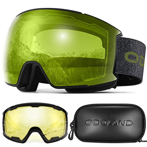 Odoland Kit de Lunettes de Ski Magnétique, avec 2 écran Détachable, Lunettes de Neige Torique Design, Anti-UV, Anti-buée, Coupe-Vent, Masques de Ski pour Homme & Femme Monture Blanche, Lenti
