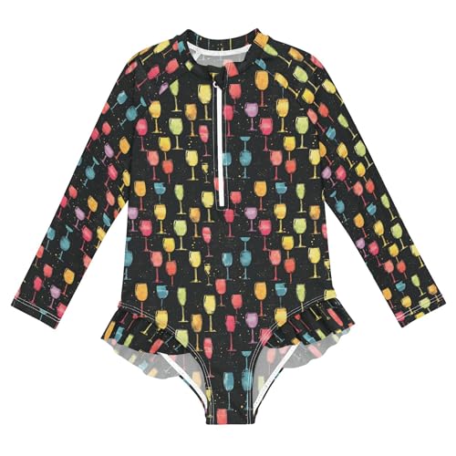 Color Colorful Glass Girls Long Sleeve Rashguard Swimsuit UV Protection One-Piece Swimwear Bathing Suit B0404525