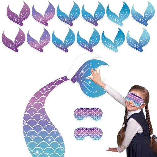 QOUBAI Pin The Tail on The Mermaid Party Game Activities 23.6 x 17.7 Inch Mermaid-Shape Poster with 24pcs Tails Birthday Party Supplies for Boys Girls Wall Home Room School Decorations Favors