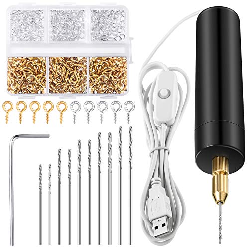 Image of Lanties Electric Resin Drill Set, Including 300 Gold Silver Eye Screws, 10 Twist Drill Bits Tools, Electric Mini Drill with Wrench Hex Pin Vise for Casting Resin DIY Molds Keychain Craft Making