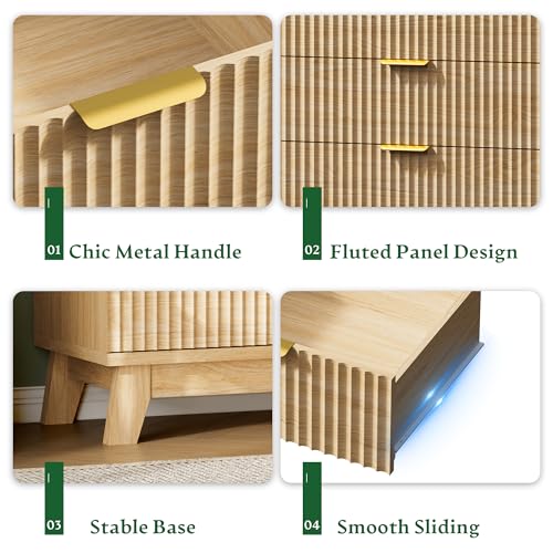 Image of Xixini Fluted Nightstand with Charging Station, Tall Bedside Table, Oak