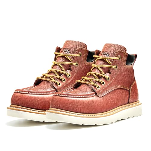 COOLJOB Goodyear Welt Steel Toe Shoes for Men, Full Grain Leather Safety Work Boots for Industrial Construction Workers, Comfortable Lining, Non-slip EVA Outsole, Soft Padded Collar, Tan, 6” Height