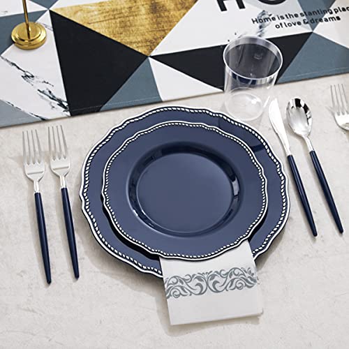 Hioasis 175Pcs Blue Plastic Plates&Silver Plastic Silverware With Blue Handle Include 25Dinner Plates,25Dessert Plates 25Knives,25Forks,25Spoons,25Cups,25Napkins For Independence Day&Weddings&Party #TOP1
