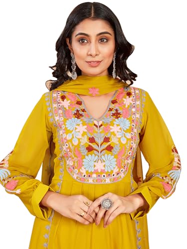 Image of Fabzoo Women's Georgette Embroidery Work & Original Mirror Anarkali Kurta Palazzo & Dupatta Set | Kurta & Palazzo Full Stitch And Full Inner | Palazzo Full Elastic (YELLOW -XL)