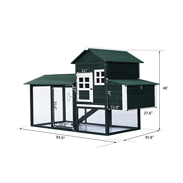 PawHut 84" Large Chicken Coop, Hen House Wooden Outdoor Chicken Coop with Run Nesting Box, Water-Resistant Roof, Removable Tray, Ramp, Green - Image 8